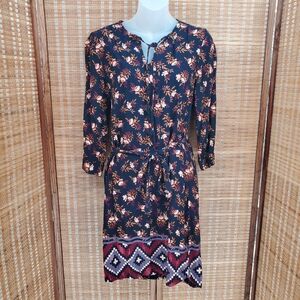 ☆ BeachLunchLounge Belted Floral Tunic Dress Size Small Black Gold Burgundy